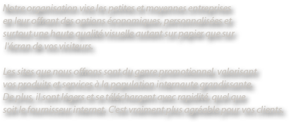 Notre organisation vise les petites et moyennes entreprises en leur offrant des options économiques, personnalisées et surtout une haute qualité visuelle autant sur papier que sur l'écran de vos visiteurs. Les sites que nous offrons sont du genre promotionnel, valorisant vos produits et services à la population internaute grandissante. De plus, il sont légers et se téléchargent avec rapidité, quel que soit le fournisseur internet. C'est vraiment plus agréable pour vos clients.